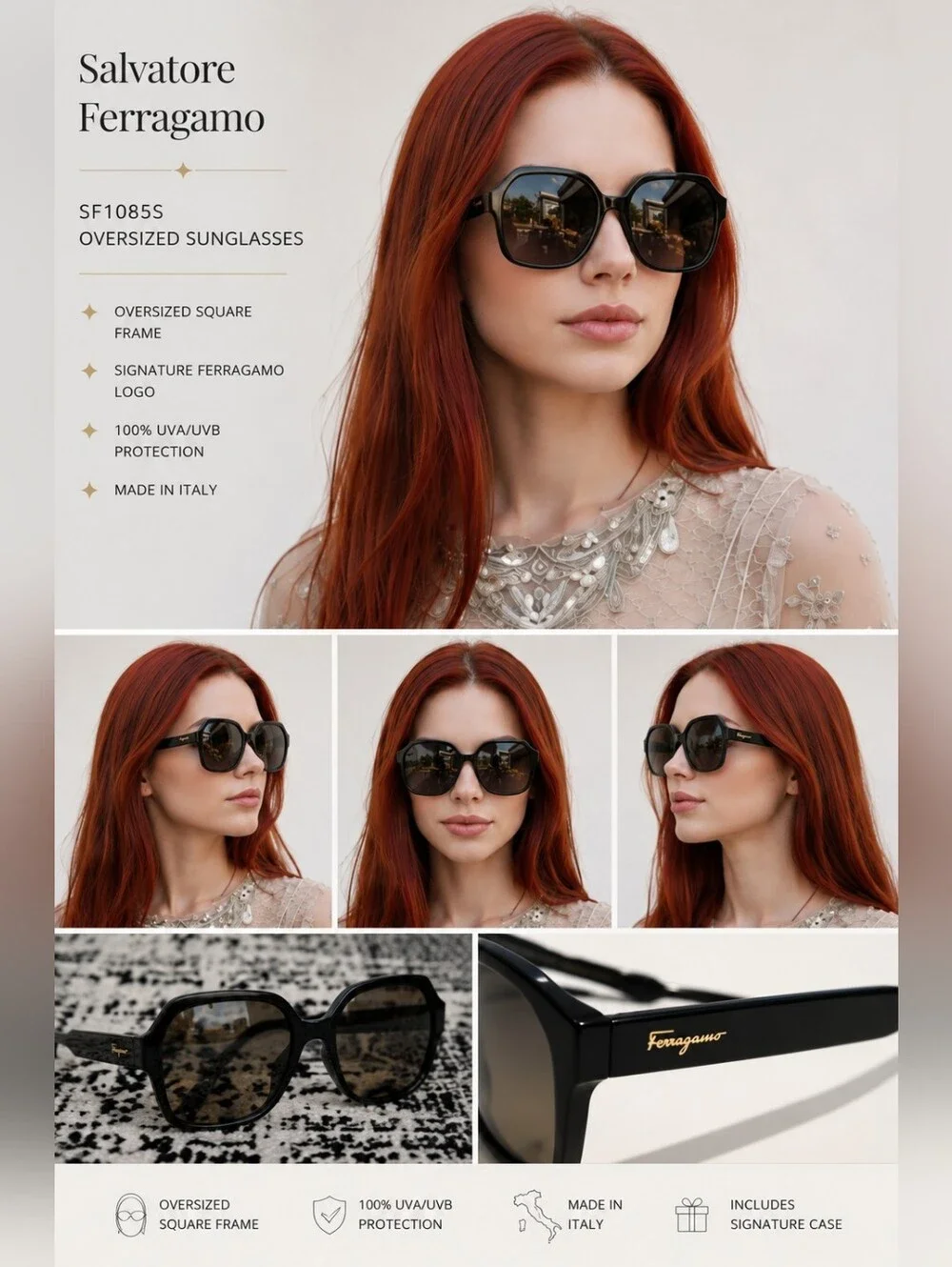 EUC Salvatore Ferragamo SF1069S Black Gancini Logo Sunglasses & Case!